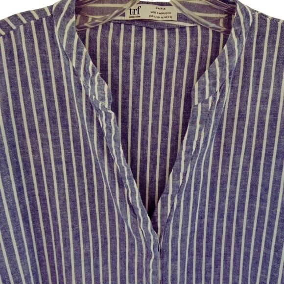 ZARA trf Collection Relaxed Linen/Cotton Blend Striped Blue White Tunic Shirt - Picture 3 of 14